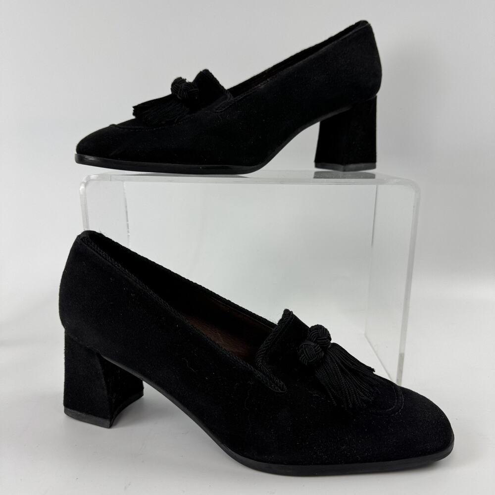 STUART WEITZMAN Black Broom Tassel Chunky Heel Career Dark Academia 37 EU 6.5 US